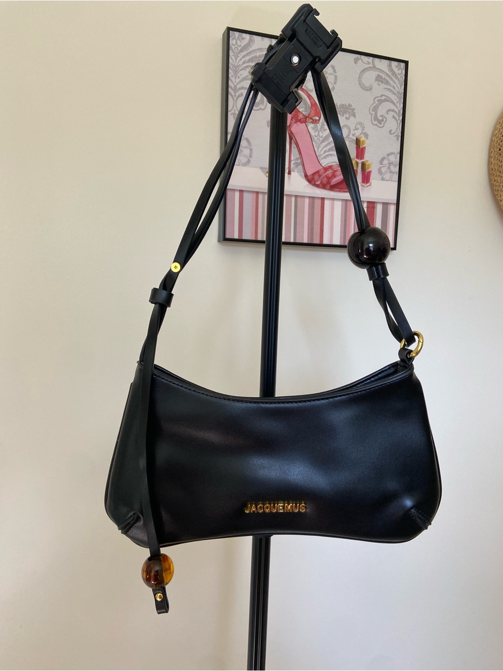 Jacquemus Black Leather Shoulder Bag with Gold Logo